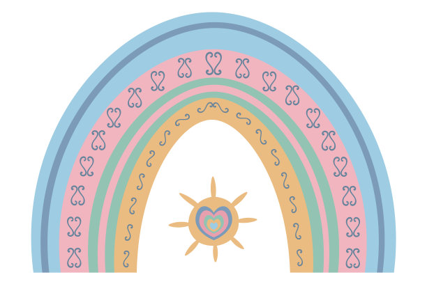 彩虹、阳光和心灵。放荡不羁的风格。矢量插图。孤立的白色背景。多色条纹与幻想模式。一个惊人的自然现象。民族的动机。彩虹印刷。柔和的基调。图片下载