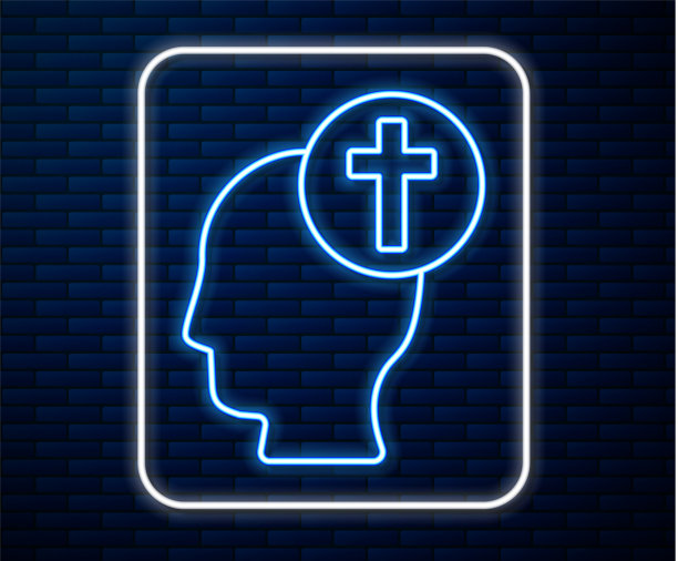 发光的霓虹线人的头与基督教十字架图片下载