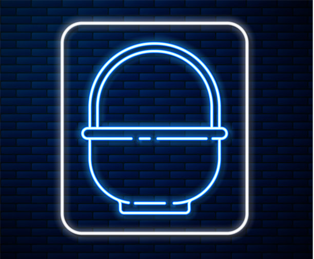 发光的霓虹灯线篮子图标孤立在砖块上图片下载