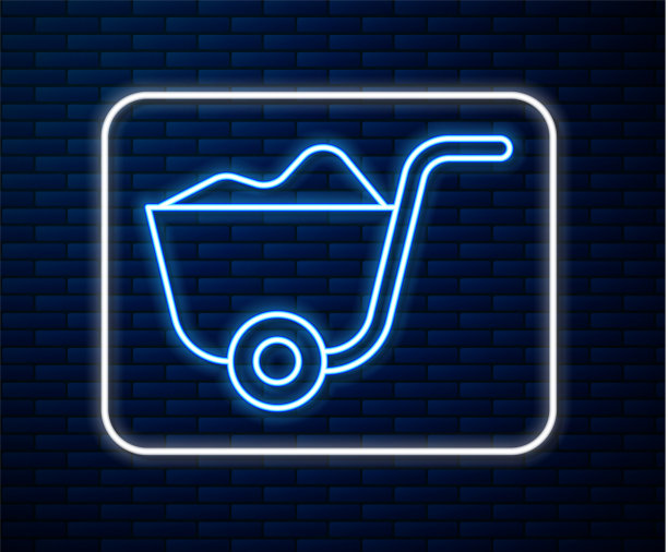 发光的霓虹灯线铲图标孤立在砖块上图片下载