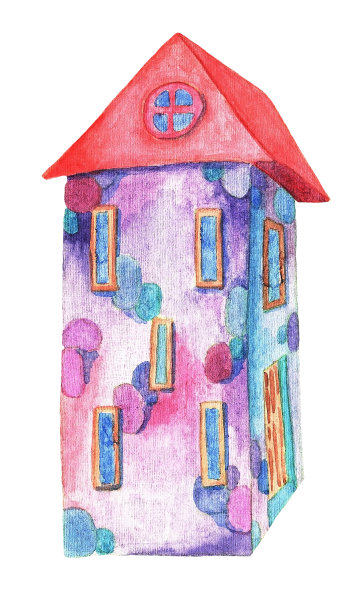 蓝房子，红屋顶，水彩画图片下载