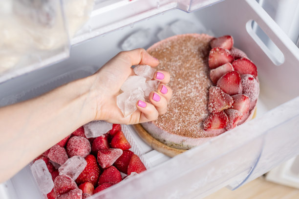 冷冻草莓蛋糕和草莓在冰箱的冷冻抽屉里。冷冻食品的便利性和节省时间的理念图片下载