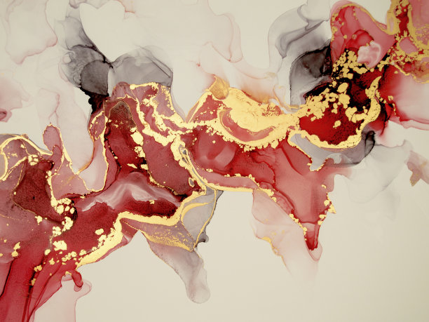 美丽的豪华抽象流体艺术在酒精墨水技术，混合红色和金色油漆。仿大理石石材切割，纹理金光闪闪。温柔而梦幻的设计。图片下载