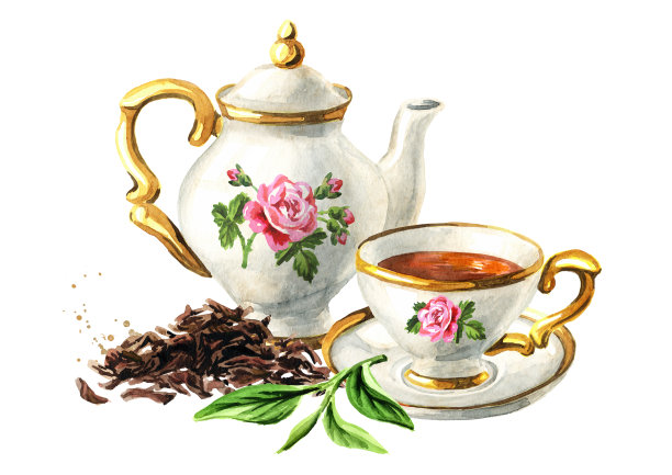 茶壶、茶杯、堆干茶和鲜绿茶。手绘水彩插图，孤立的白色背景图片下载
