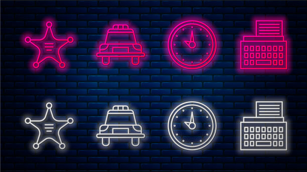 设置警用车和闪光时钟六角形图片下载