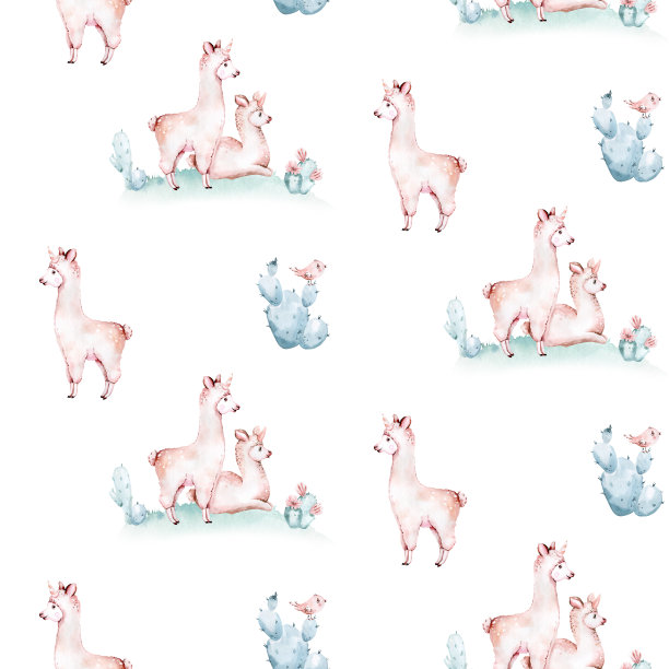 水彩画上无缝图案有白色可爱的美洲驼动物。美国骆驼卡通。波西仙人掌纺织品设计，宝贝女孩装饰，宝宝沐浴艺术图片下载