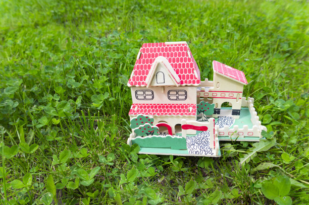 绿色草地上有红色屋顶的微型玩具房子图片下载