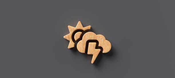 木头象征的云与雷电在太阳象征- 3d插图图片下载