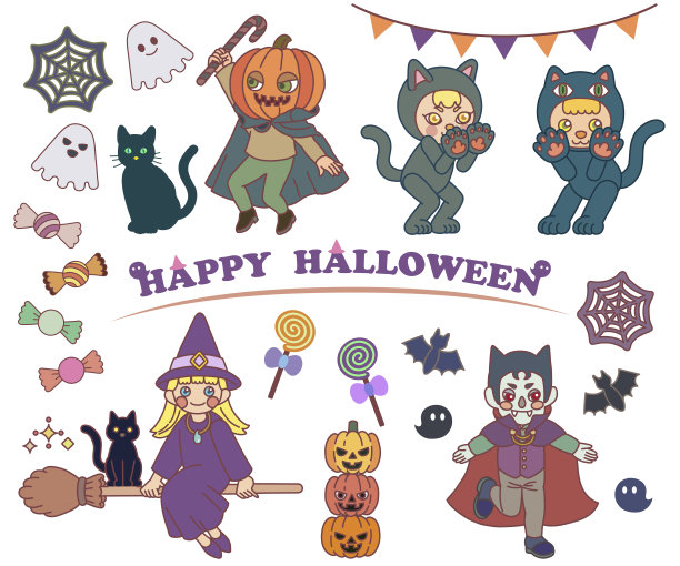 孩子们穿着万圣节服装的插图图片下载