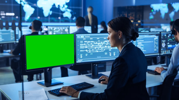 自信的女性数据科学家在大型基础设施控制和监控室用绿屏模拟个人电脑工作。女工程师在办公室里和同事们一起使用电脑。图片下载