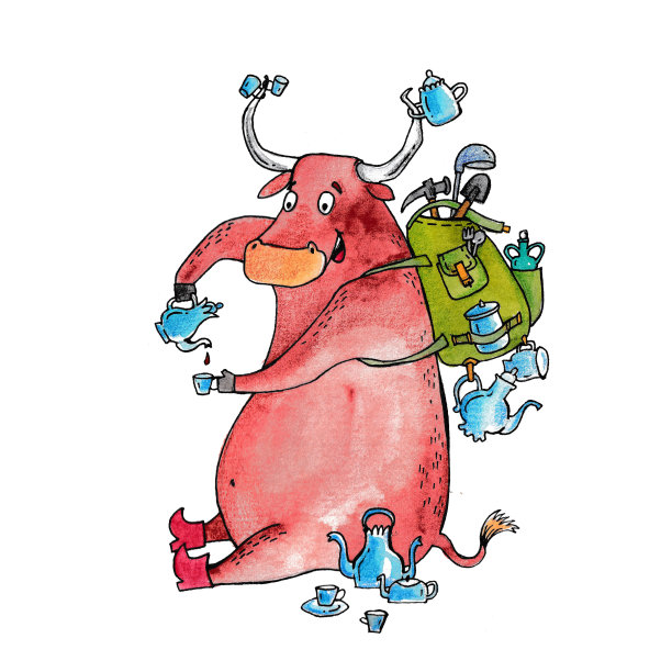 公牛用一套茶具喝茶。水彩插画与公牛，象征新年2021图片下载