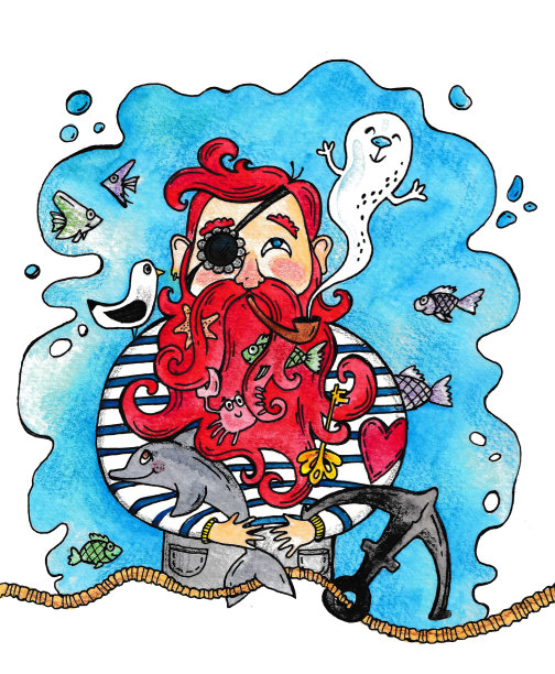 一个抽烟斗的海盗的水彩画图片下载