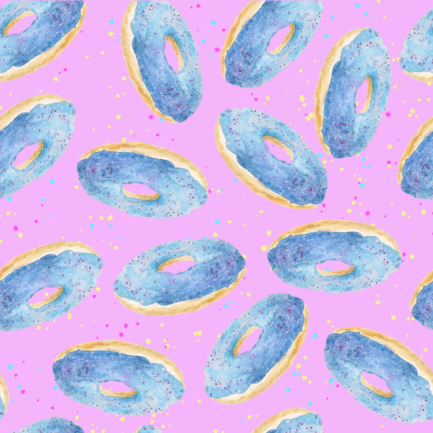 水彩甜甜圈无缝图案，美味的食物图案与甜甜圈与点缀图片下载
