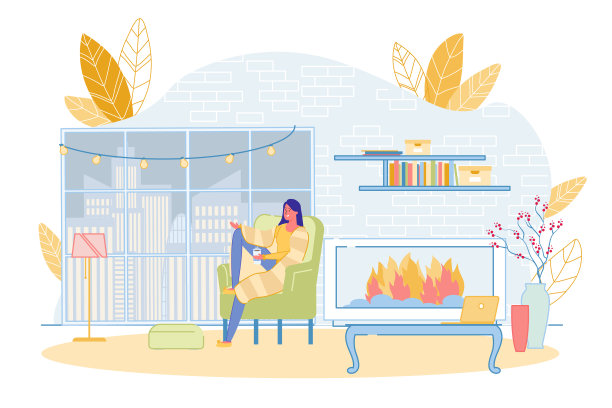 拿着咖啡杯坐在壁炉边的女孩图片下载