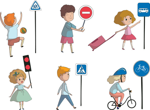 儿童角色步行和骑自行车过马路图片下载
