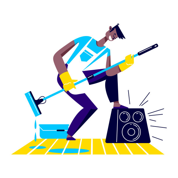 男人在打扫客厅时跳舞。卡通男滑稽的舞蹈，而打扫房子图片下载