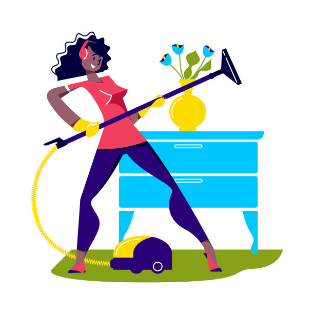 女孩在用吸尘器打扫房间的时候跳舞。卡通女性做家务很开心图片下载