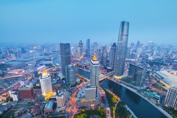 傍晚天津市景鸟瞰图图片下载