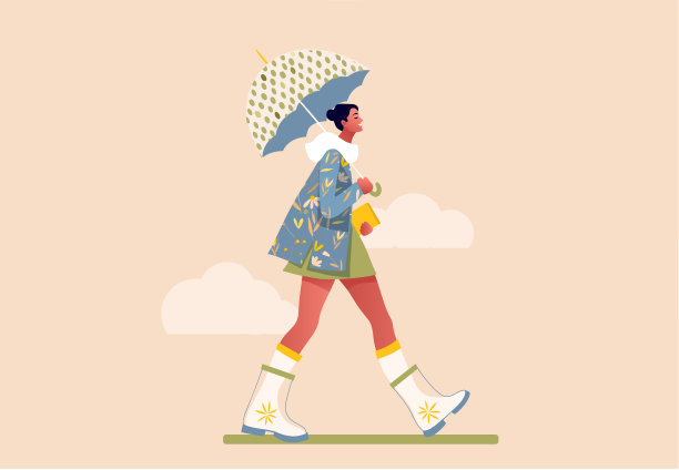 快乐的女孩在雨矢中行走图片下载