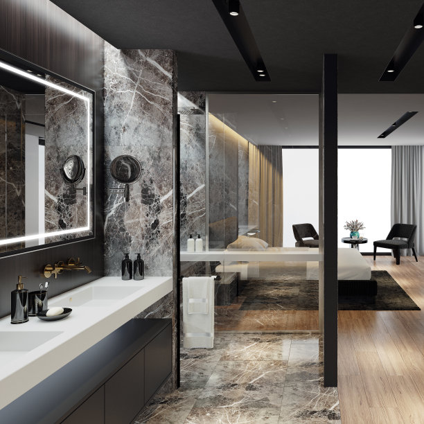 豪华公寓主卧室室内设计，浴室配有淋浴，灵感来自高级酒店客房。图片下载