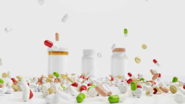药片和罐子放在地上，不同颜色的药片，胶囊。卫生保健的概念。药片里有抗生素，还有维生素。产品从药店。制药公司，行业，3d插画图片下载
