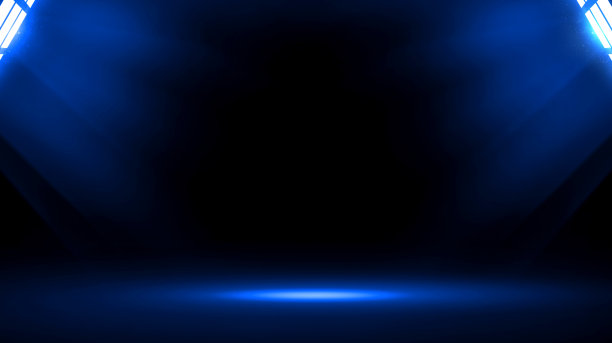 工作室空空间与专业的房间灯。蓝色地板创意广告活动。图片下载