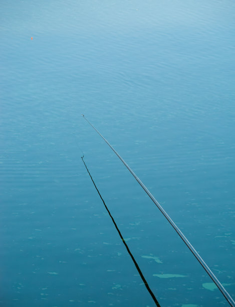 蓝色水面上的单一孤立的钓鱼竿。在罗马尼亚布加勒斯特的一个湖上钓鱼图片下载