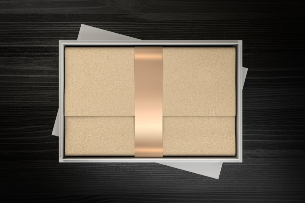 礼品礼品盒模型与工艺包装纸和金色固定丝带，打开的品牌和身份孤立的顶视图平图片下载