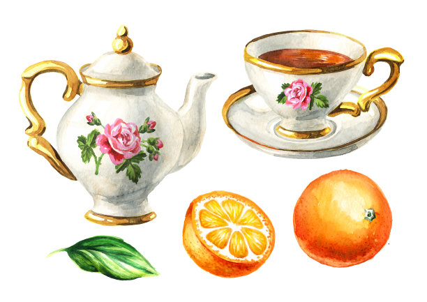 茶壶，茶杯茶和橘子水果片套装。手绘水彩插图孤立的白色背景图片下载