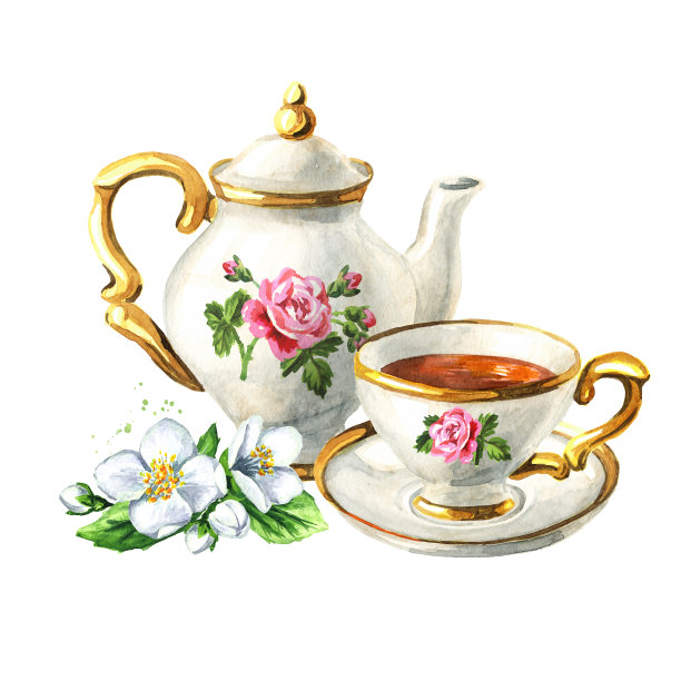 茶壶，茶杯，茉莉花。手绘水彩插图孤立的白色背景图片下载