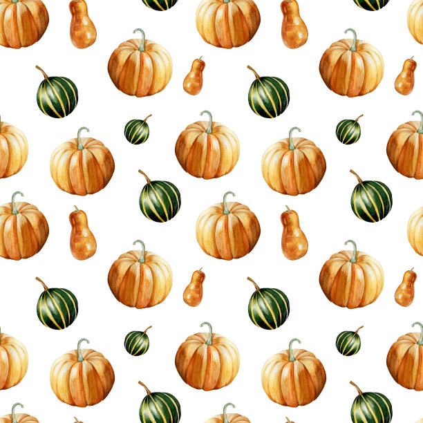 水彩手绘无缝模式与成熟的橙色和绿色南瓜在浅橙色的背景。图片下载