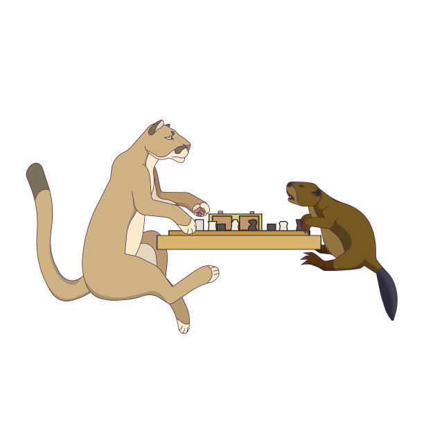 美洲狮和海狸在白色孤立的背景下下棋，矢量股票插图在卡通设计风格，休闲和桌面游戏和家庭活动的概念，野生动物和动物。图片下载