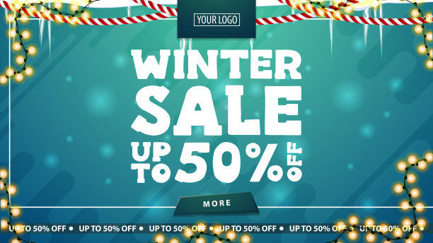 冬季销售，高达50%的折扣，绿色折扣横幅与冰柱，花环，纽扣和大的字母报价图片下载