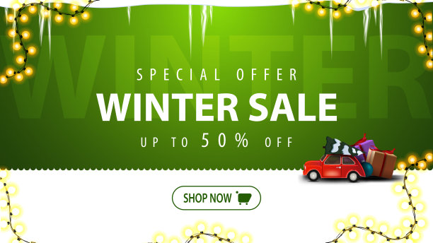 特别优惠，冬季销售，高达五折，绿色和白色折扣横幅与按钮，花环框架，冰柱和红色古董车载圣诞树图片下载