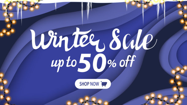 冬季特卖，最高五折，剪纸风格的蓝色折扣横幅有冰柱，花环和白色按钮图片下载