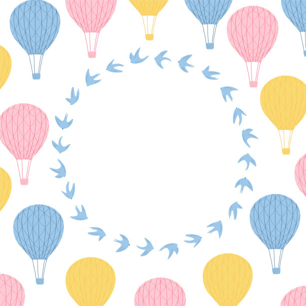 以气球、鸟为背景的白色插画。可爱的儿童框架与空间的文字上的白色背景。向量图片下载