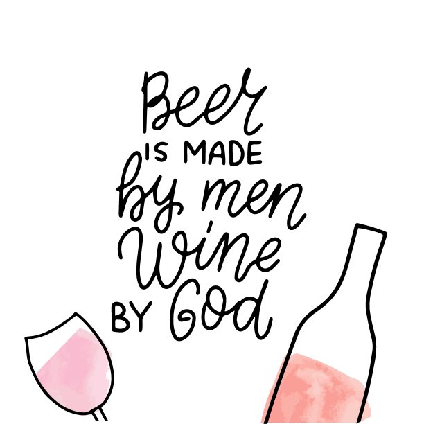 啤酒是人酿的，酒是上帝酿的。葡萄酒爱好者引用海报。手刻字与水彩酒瓶和玻璃。图片下载