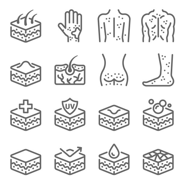 皮肤过敏图标插图向量集。包含如痤疮，特应性，发痒，干燥皮肤，皮疹，表皮，皮肤病学和更多的图标。扩大中风图片下载