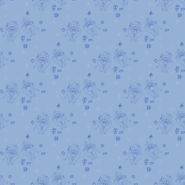 新2021年。有角动物的无缝图案——可爱的穿年服的公牛和一头母牛。浅蓝色背景上的蓝色等高线。向量。用于节日设计、装饰、包装图片下载