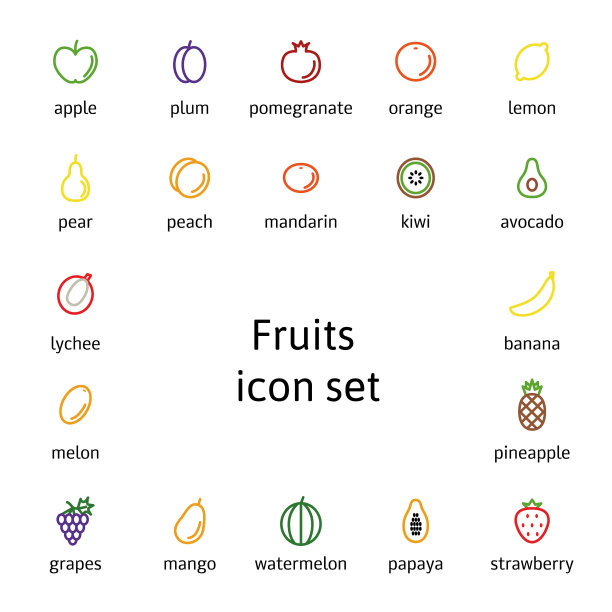 一套彩色的平面线水果图标web或移动应用程序。轮廓象形图收集。以苹果、鳄梨、木瓜、芒果等水果为主图片下载