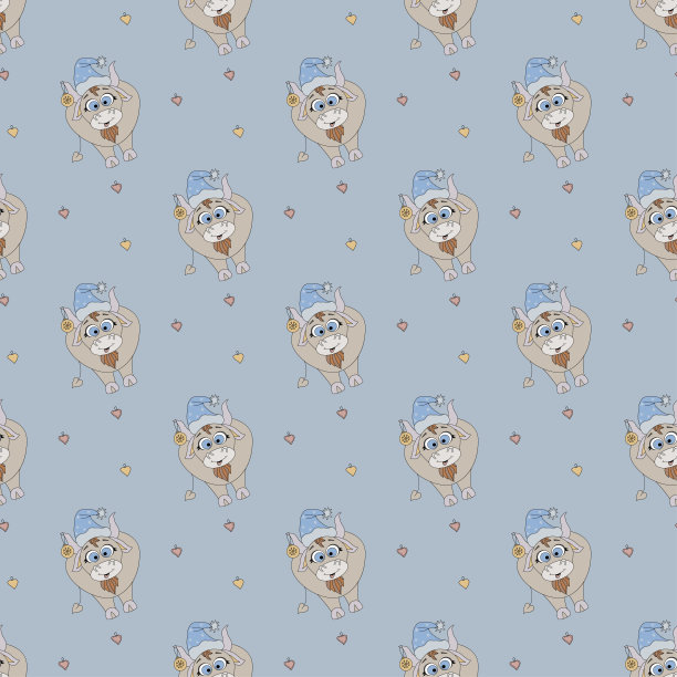 新年无缝格局。象征2021年的圣诞图案——蓝色背景上穿着新年衣服的可爱公牛。用于节日设计和装饰。向量。图片下载