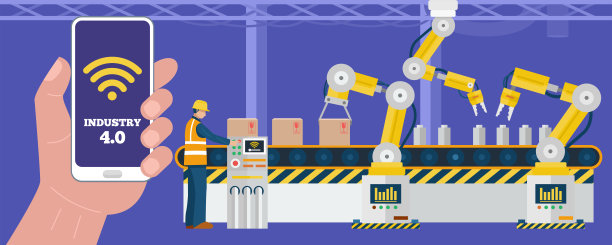 工业4.0概念，工人使用智能手机控制工厂的工业机械臂。向量图片下载