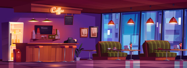 咖啡厅内部设有柜台、沙发和桌子图片下载