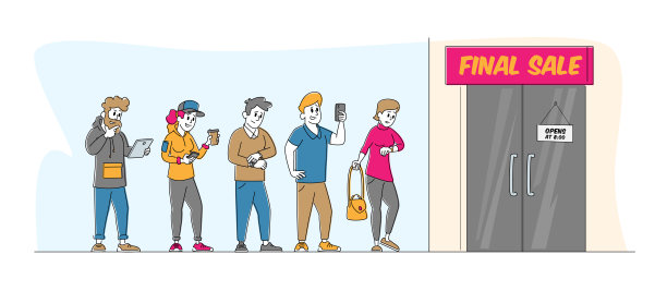 各式各样的人穿着衣服排队等待商店大门打开出售。顾客在商店购物，折扣图片下载