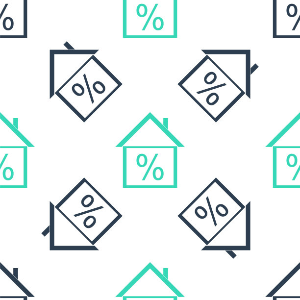 绿色房子与折扣标签图标隔离无缝模式的白色背景。房屋百分比标志价格。房地产的家。信贷比例的象征。资金贷款。向量图片下载