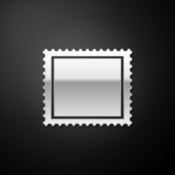 银色邮票图标孤立在黑色背景上。长长的阴影风格。向量图片下载