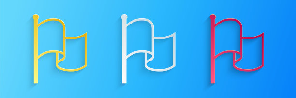 剪纸旗帜图标孤立在蓝色背景。纸艺术风格。向量图片下载