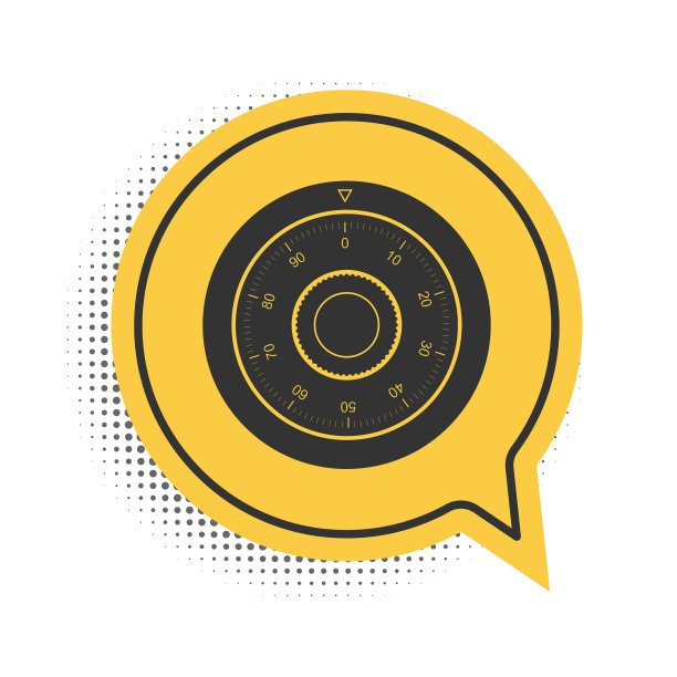 黑色安全组合锁轮图标隔离在白色背景上。保护的概念。密码的信号。黄色语音气泡符号。向量图片下载