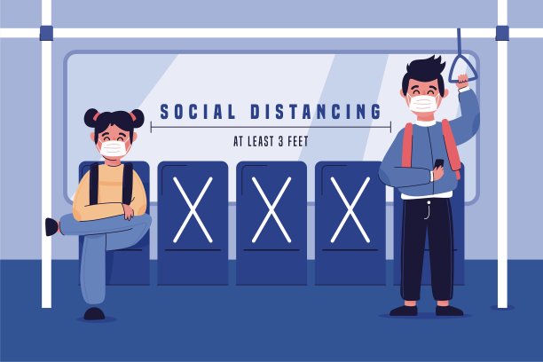 社会距离。列车上佩戴外科口罩的乘客保持距离，避免感染COVID-19冠状病毒疾病。关于新冠肺炎在公共交通中的爆发和预防的想法。图片下载