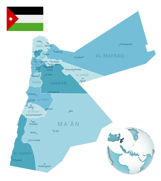 约旦行政蓝绿色地图与国家国旗和位置在全球。图片下载